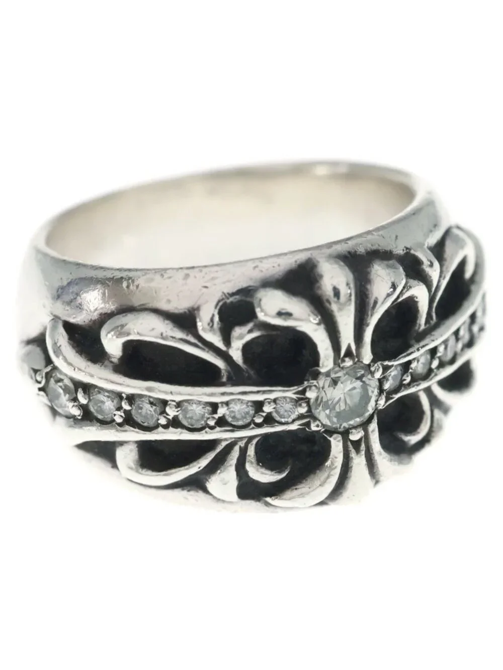 Chrome Hearts Flrl Crs Floral Cross Ring Silver Diamond